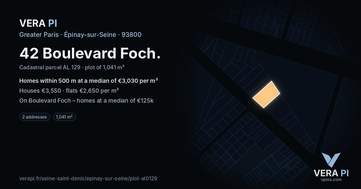 42 Boulevard Foch, Épinay-sur-Seine at night – the plot lit, the parcels around coloured by the prices near them