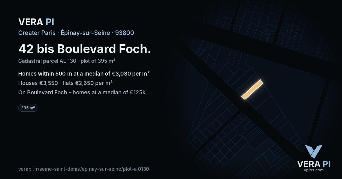 42 bis Boulevard Foch, Épinay-sur-Seine at night – the plot lit, the parcels around coloured by the prices near them