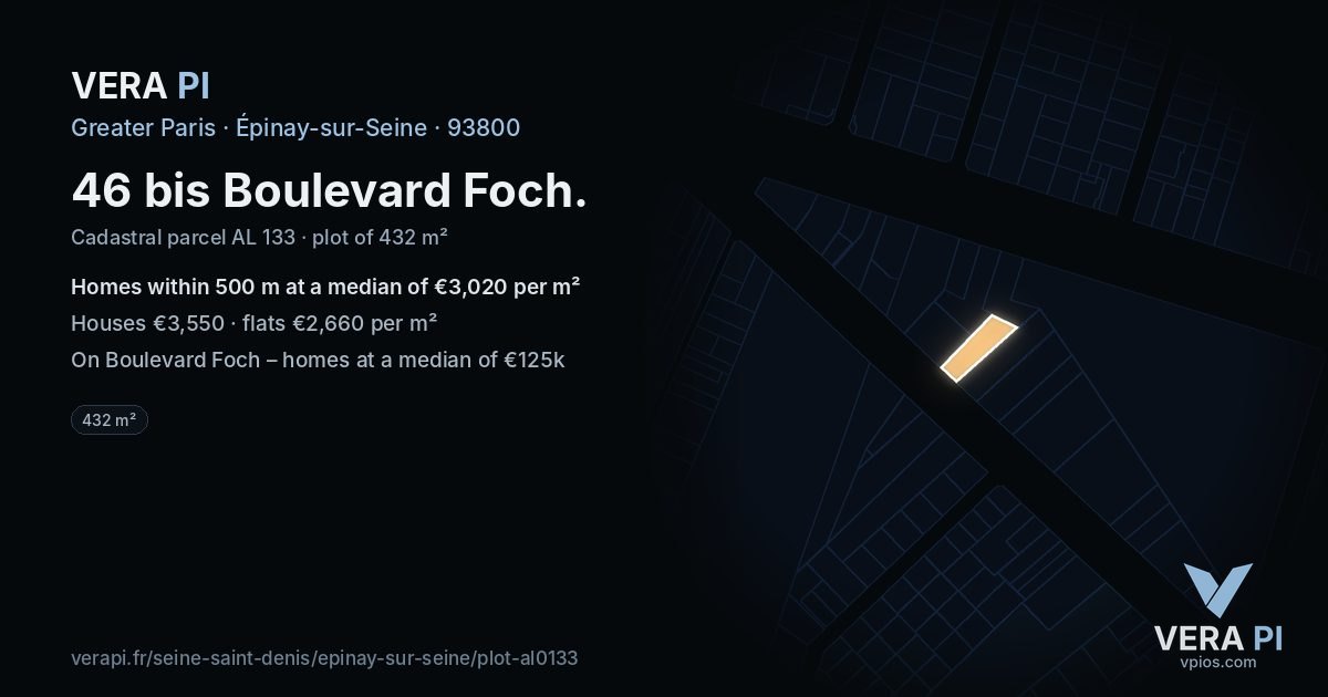 46 bis Boulevard Foch, Épinay-sur-Seine at night – the plot lit, the parcels around coloured by the prices near them
