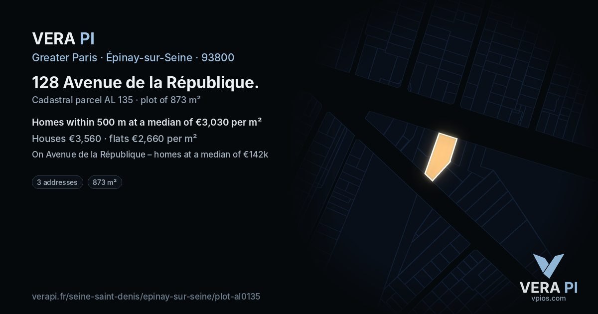 128 Avenue de la République, Épinay-sur-Seine at night – the plot lit, the parcels around coloured by the prices near them