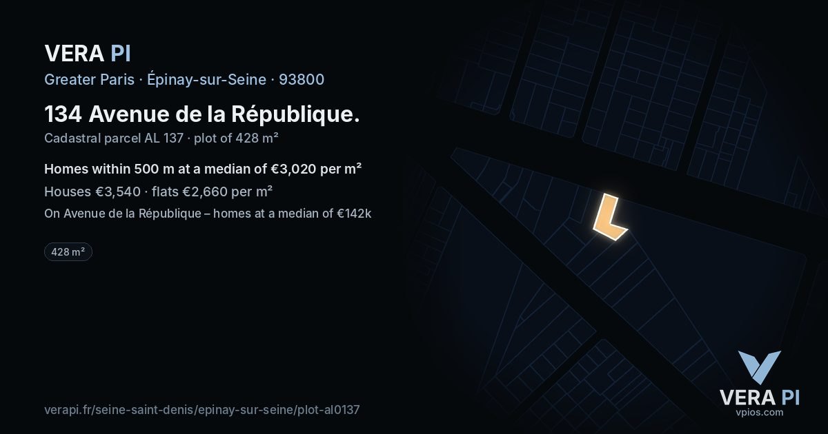 134 Avenue de la République, Épinay-sur-Seine at night – the plot lit, the parcels around coloured by the prices near them