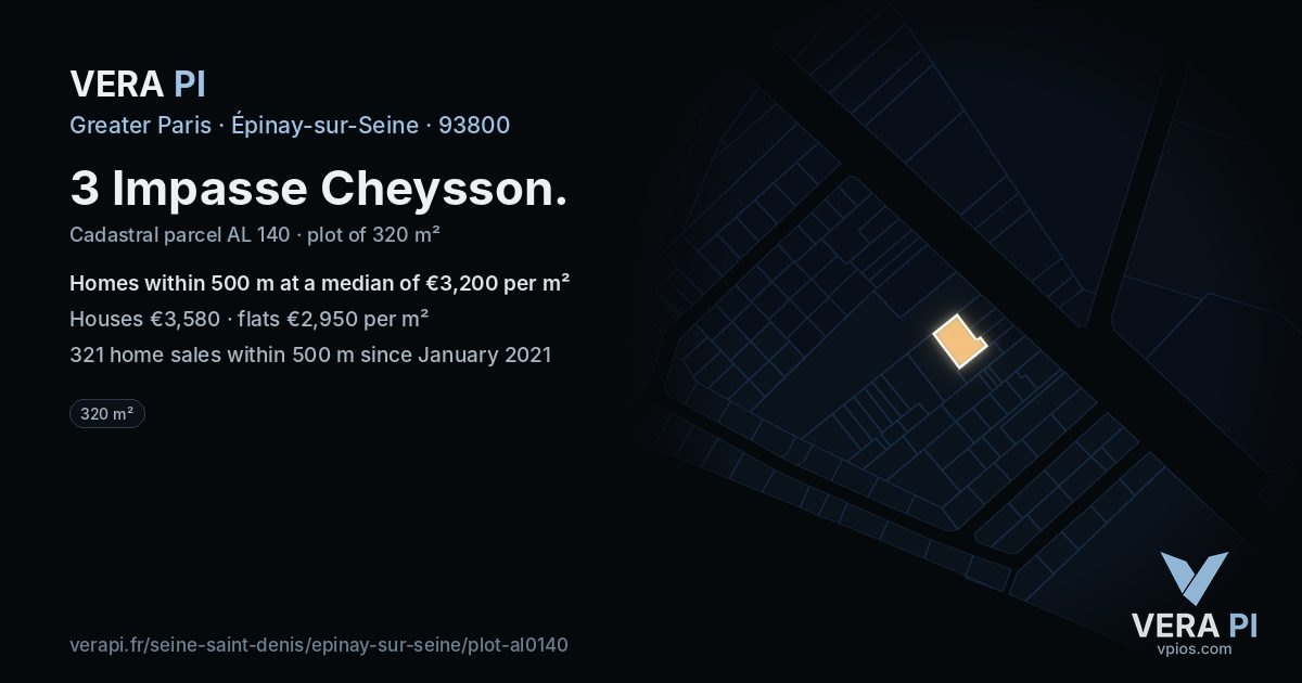 3 Impasse Cheysson, Épinay-sur-Seine at night – the plot lit, the parcels around coloured by the prices near them