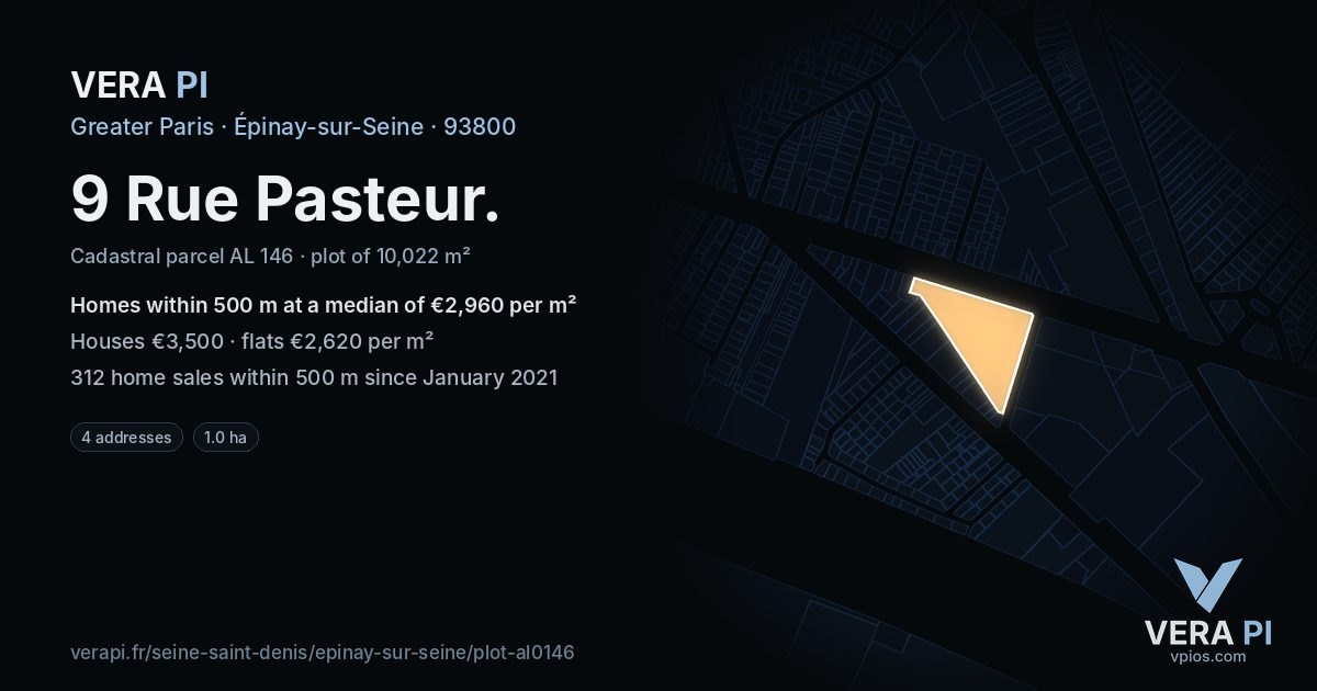 9 Rue Pasteur, Épinay-sur-Seine at night – the plot lit, the parcels around coloured by the prices near them