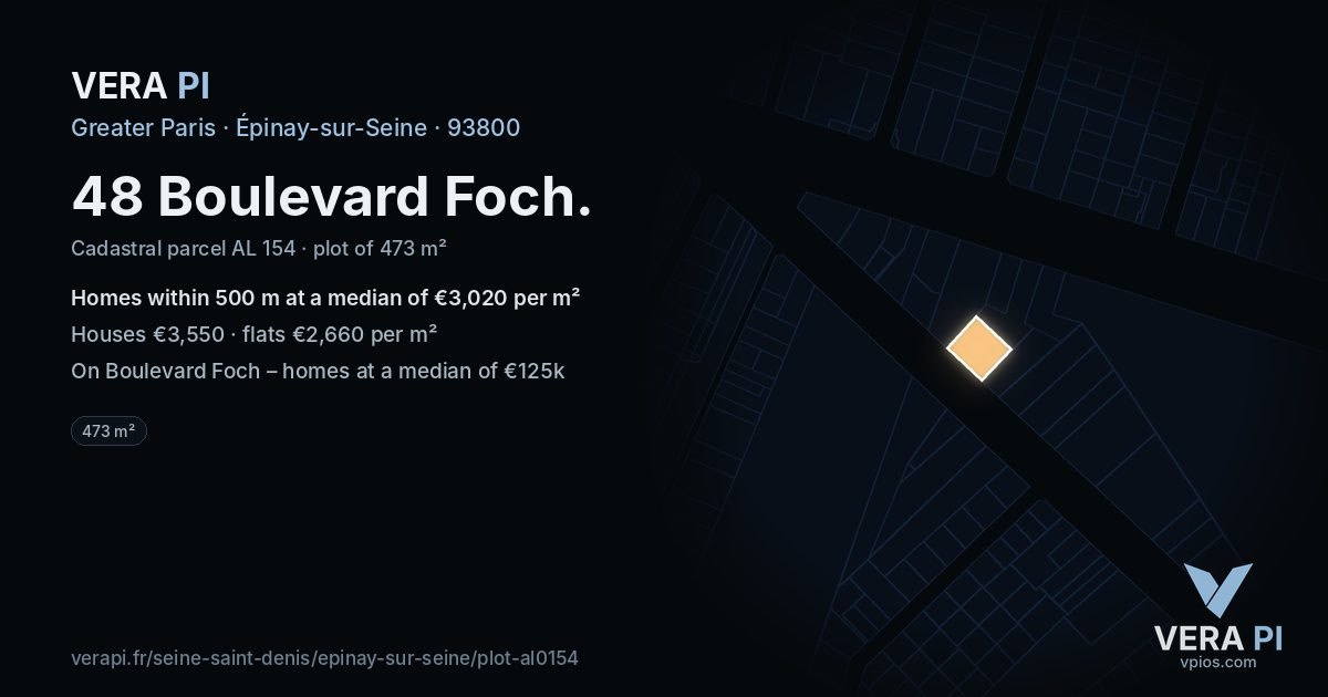 48 Boulevard Foch, Épinay-sur-Seine at night – the plot lit, the parcels around coloured by the prices near them