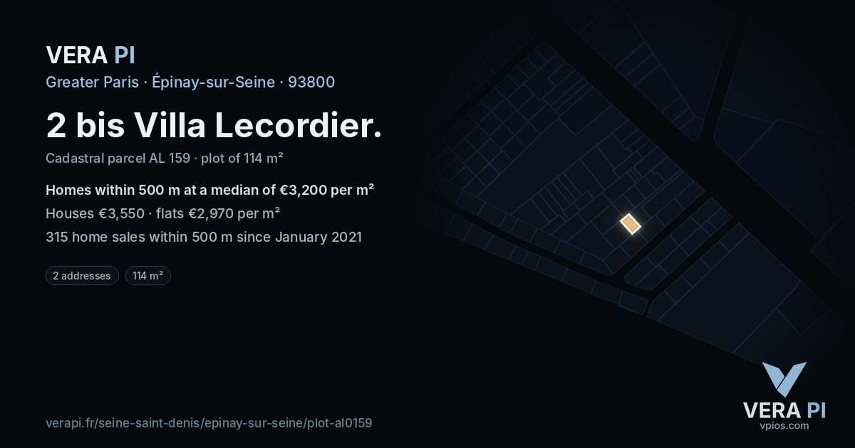 2 bis Villa Lecordier, Épinay-sur-Seine at night – the plot lit, the parcels around coloured by the prices near them