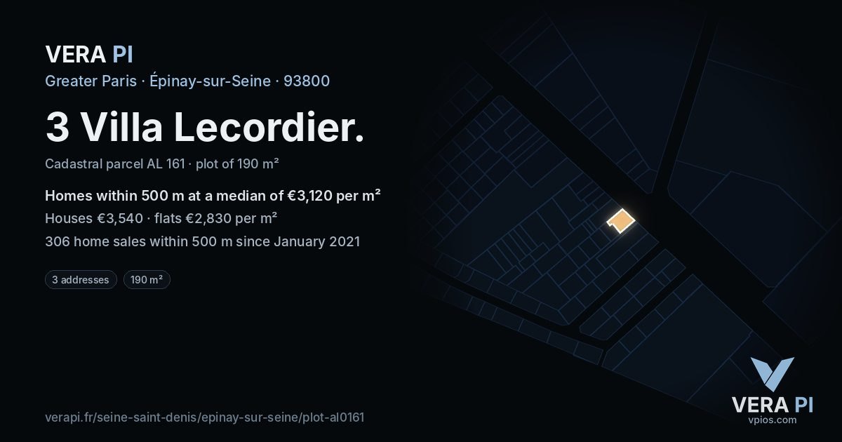 3 Villa Lecordier, Épinay-sur-Seine at night – the plot lit, the parcels around coloured by the prices near them