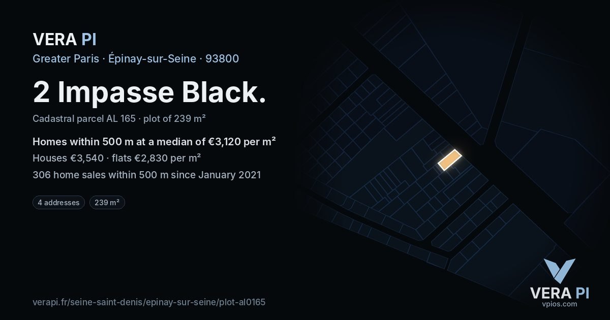 2 Impasse Black, Épinay-sur-Seine at night – the plot lit, the parcels around coloured by the prices near them