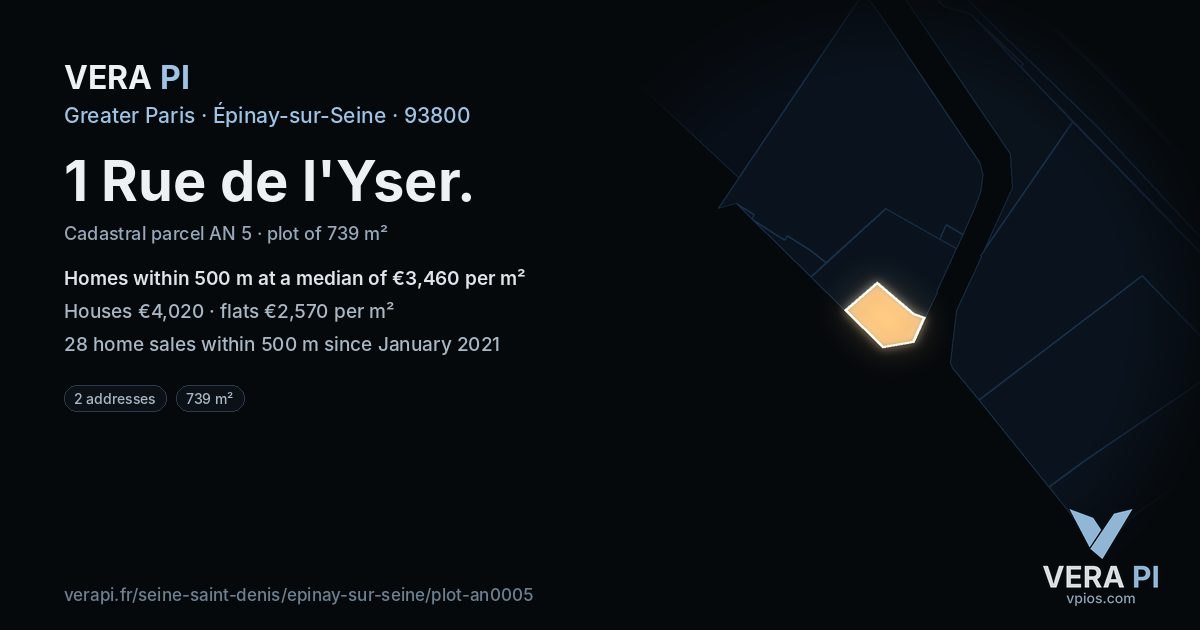 1 Rue de l'Yser, Épinay-sur-Seine at night – the plot lit, the parcels around coloured by the prices near them