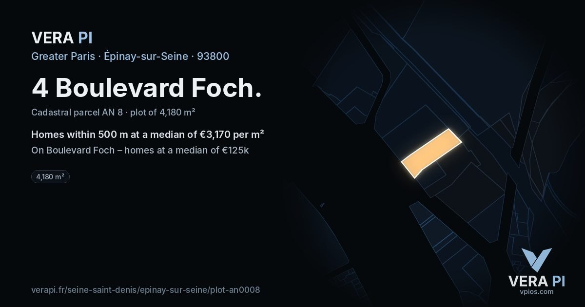 4 Boulevard Foch, Épinay-sur-Seine at night – the plot lit, the parcels around coloured by the prices near them