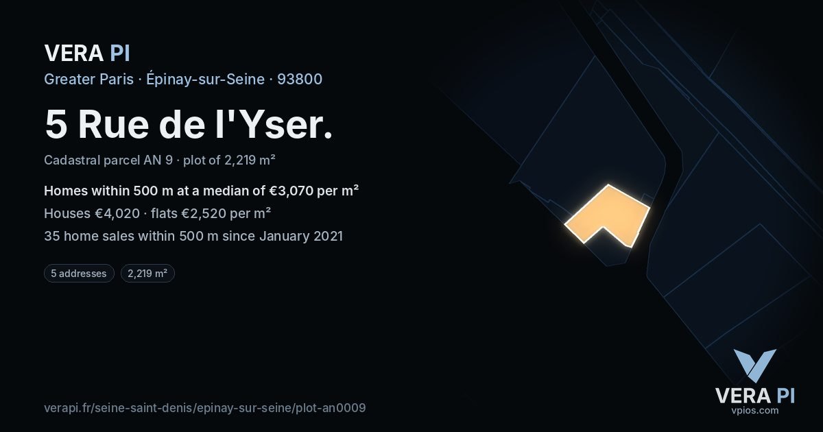 5 Rue de l'Yser, Épinay-sur-Seine at night – the plot lit, the parcels around coloured by the prices near them