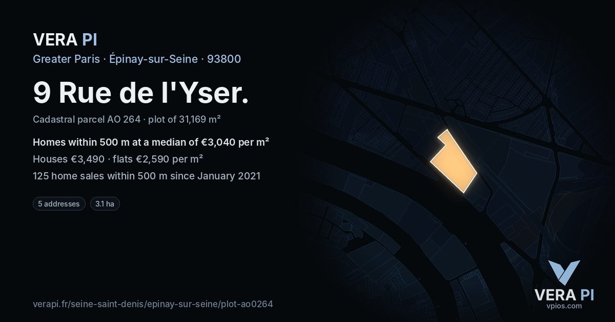 9 Rue de l'Yser, Épinay-sur-Seine at night – the plot lit, the parcels around coloured by the prices near them