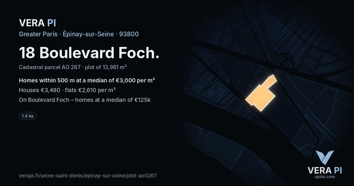 18 Boulevard Foch, Épinay-sur-Seine at night – the plot lit, the parcels around coloured by the prices near them