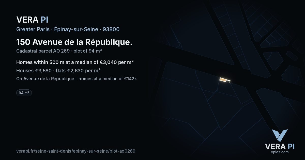 150 Avenue de la République, Épinay-sur-Seine at night – the plot lit, the parcels around coloured by the prices near them
