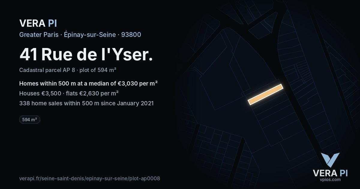 41 Rue de l'Yser, Épinay-sur-Seine at night – the plot lit, the parcels around coloured by the prices near them