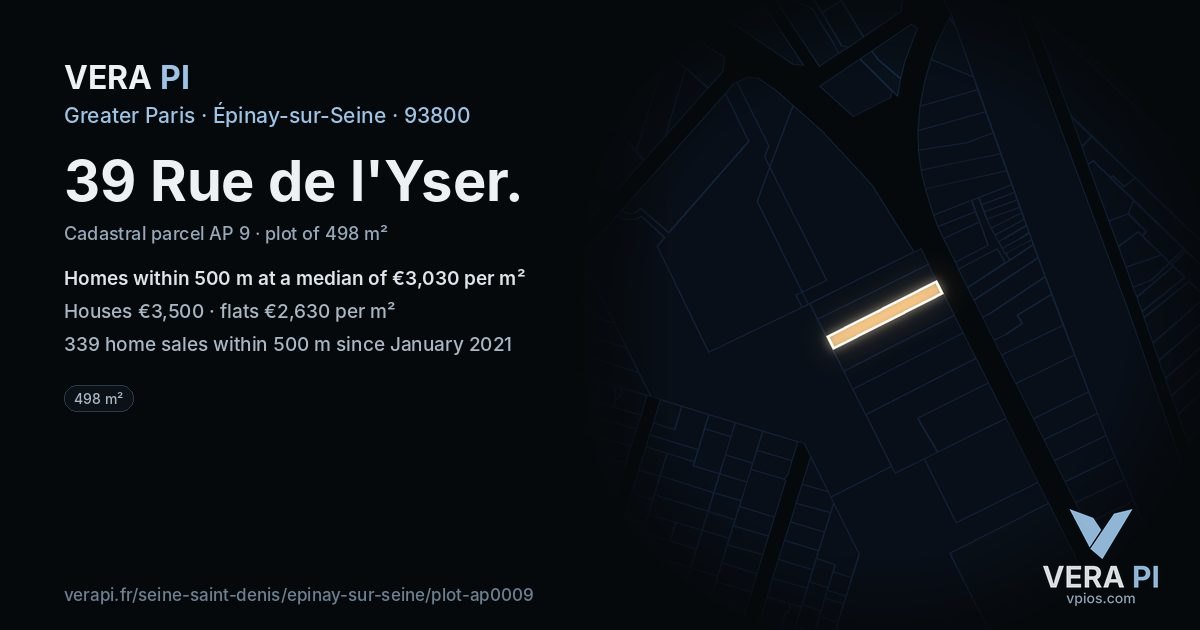 39 Rue de l'Yser, Épinay-sur-Seine at night – the plot lit, the parcels around coloured by the prices near them
