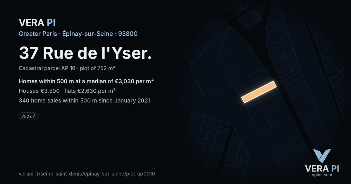 37 Rue de l'Yser, Épinay-sur-Seine at night – the plot lit, the parcels around coloured by the prices near them