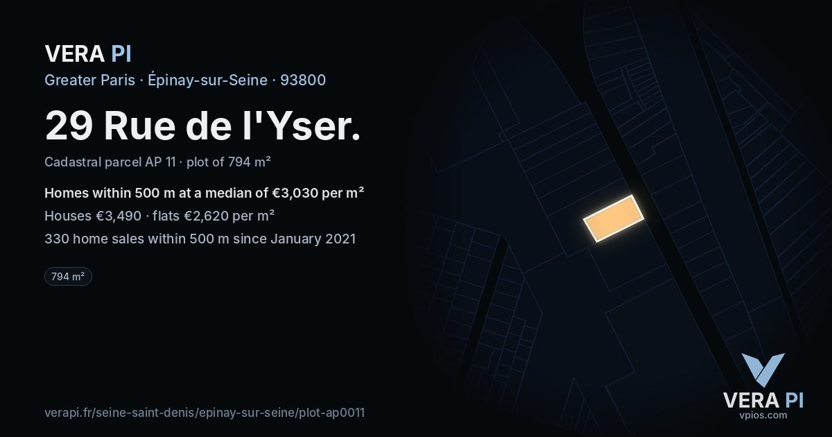 29 Rue de l'Yser, Épinay-sur-Seine at night – the plot lit, the parcels around coloured by the prices near them