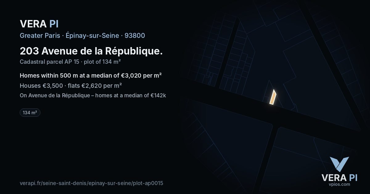 203 Avenue de la République, Épinay-sur-Seine at night – the plot lit, the parcels around coloured by the prices near them