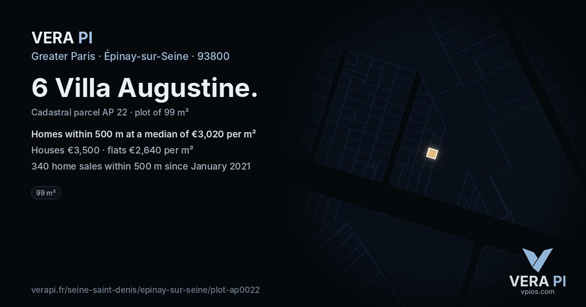 6 Villa Augustine, Épinay-sur-Seine at night – the plot lit, the parcels around coloured by the prices near them