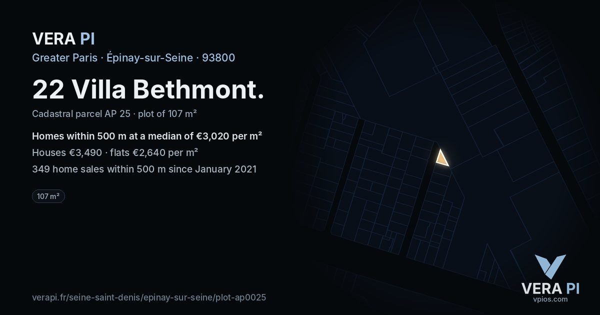 22 Villa Bethmont, Épinay-sur-Seine at night – the plot lit, the parcels around coloured by the prices near them