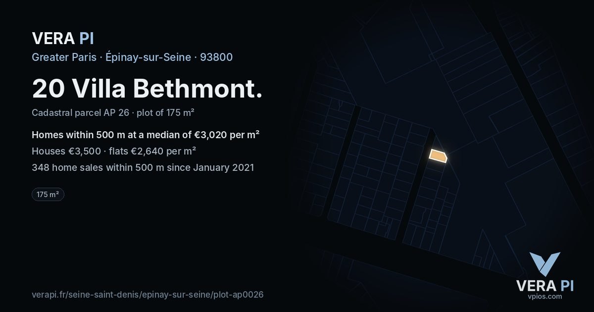 20 Villa Bethmont, Épinay-sur-Seine at night – the plot lit, the parcels around coloured by the prices near them