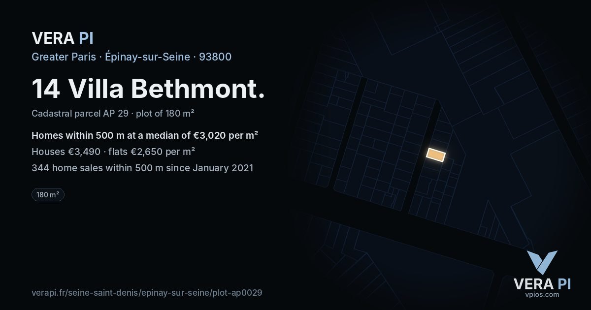 14 Villa Bethmont, Épinay-sur-Seine at night – the plot lit, the parcels around coloured by the prices near them