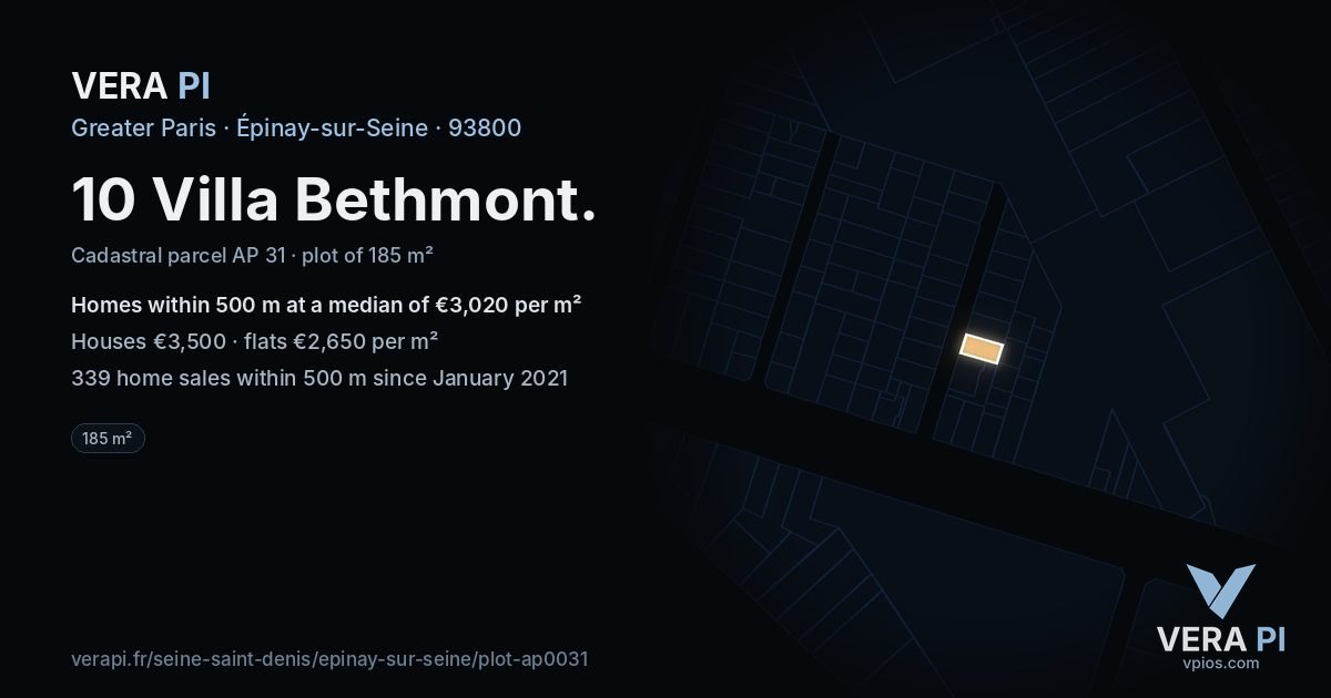 10 Villa Bethmont, Épinay-sur-Seine at night – the plot lit, the parcels around coloured by the prices near them