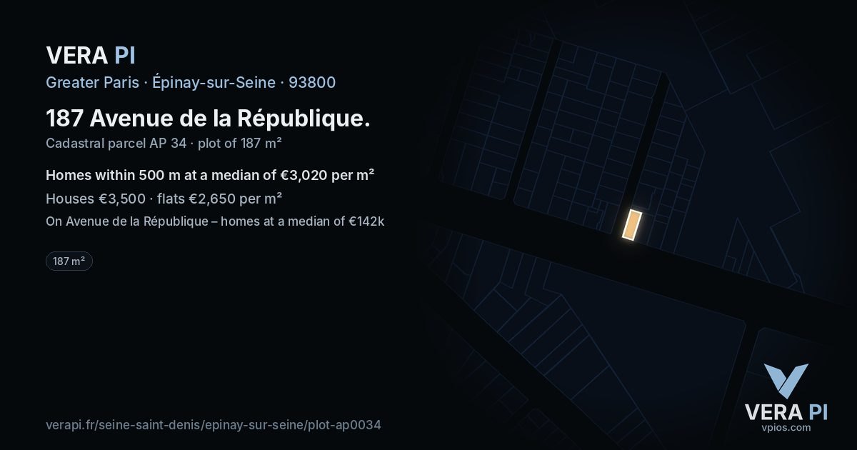 187 Avenue de la République, Épinay-sur-Seine at night – the plot lit, the parcels around coloured by the prices near them