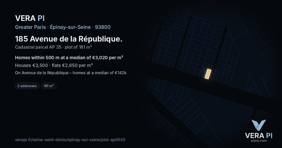 185 Avenue de la République, Épinay-sur-Seine at night – the plot lit, the parcels around coloured by the prices near them