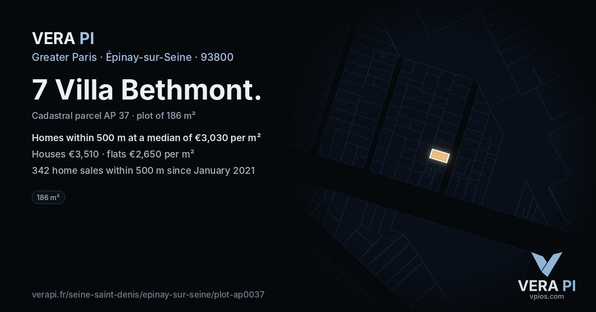 7 Villa Bethmont, Épinay-sur-Seine at night – the plot lit, the parcels around coloured by the prices near them