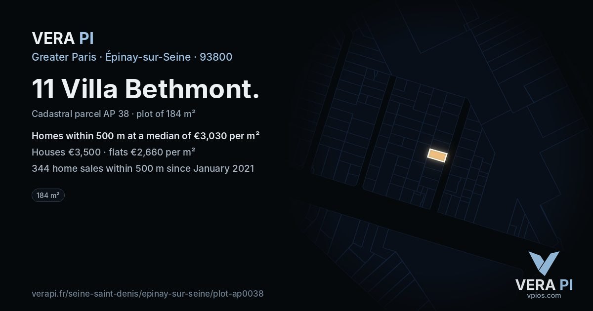11 Villa Bethmont, Épinay-sur-Seine at night – the plot lit, the parcels around coloured by the prices near them