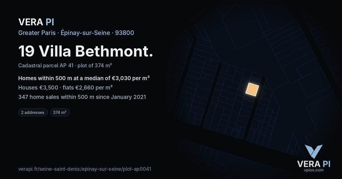 19 Villa Bethmont, Épinay-sur-Seine at night – the plot lit, the parcels around coloured by the prices near them
