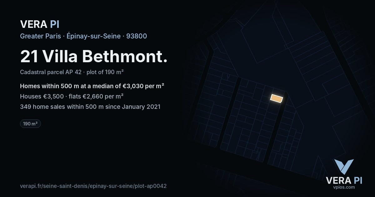 21 Villa Bethmont, Épinay-sur-Seine at night – the plot lit, the parcels around coloured by the prices near them