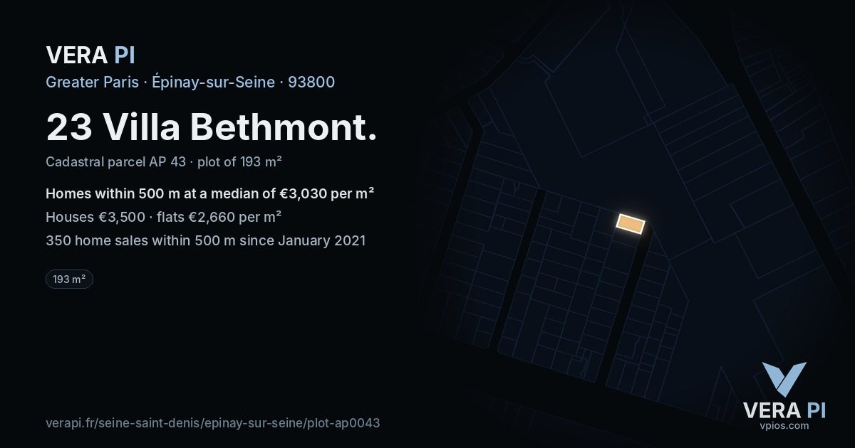 23 Villa Bethmont, Épinay-sur-Seine at night – the plot lit, the parcels around coloured by the prices near them