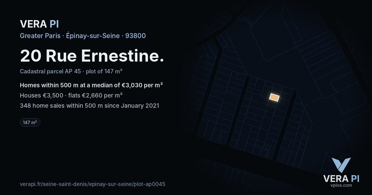 20 Rue Ernestine, Épinay-sur-Seine at night – the plot lit, the parcels around coloured by the prices near them