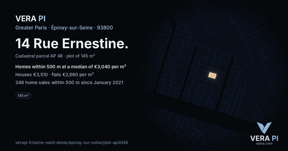 14 Rue Ernestine, Épinay-sur-Seine at night – the plot lit, the parcels around coloured by the prices near them