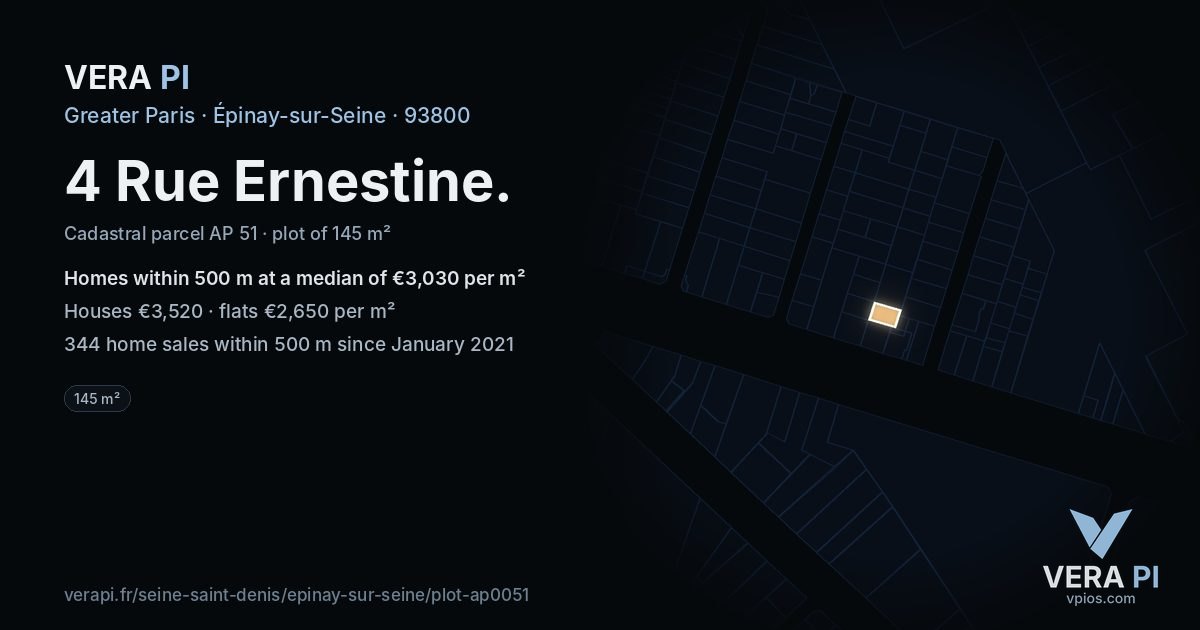 4 Rue Ernestine, Épinay-sur-Seine at night – the plot lit, the parcels around coloured by the prices near them