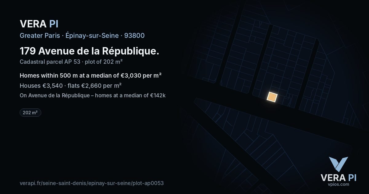 179 Avenue de la République, Épinay-sur-Seine at night – the plot lit, the parcels around coloured by the prices near them