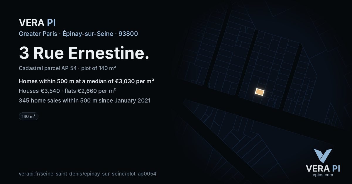 3 Rue Ernestine, Épinay-sur-Seine at night – the plot lit, the parcels around coloured by the prices near them