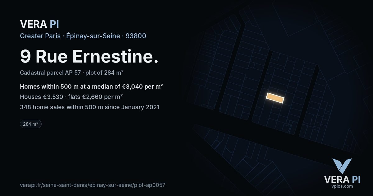 9 Rue Ernestine, Épinay-sur-Seine at night – the plot lit, the parcels around coloured by the prices near them