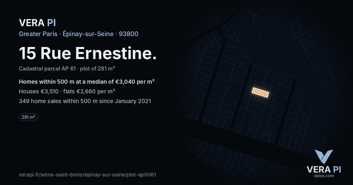 15 Rue Ernestine, Épinay-sur-Seine at night – the plot lit, the parcels around coloured by the prices near them