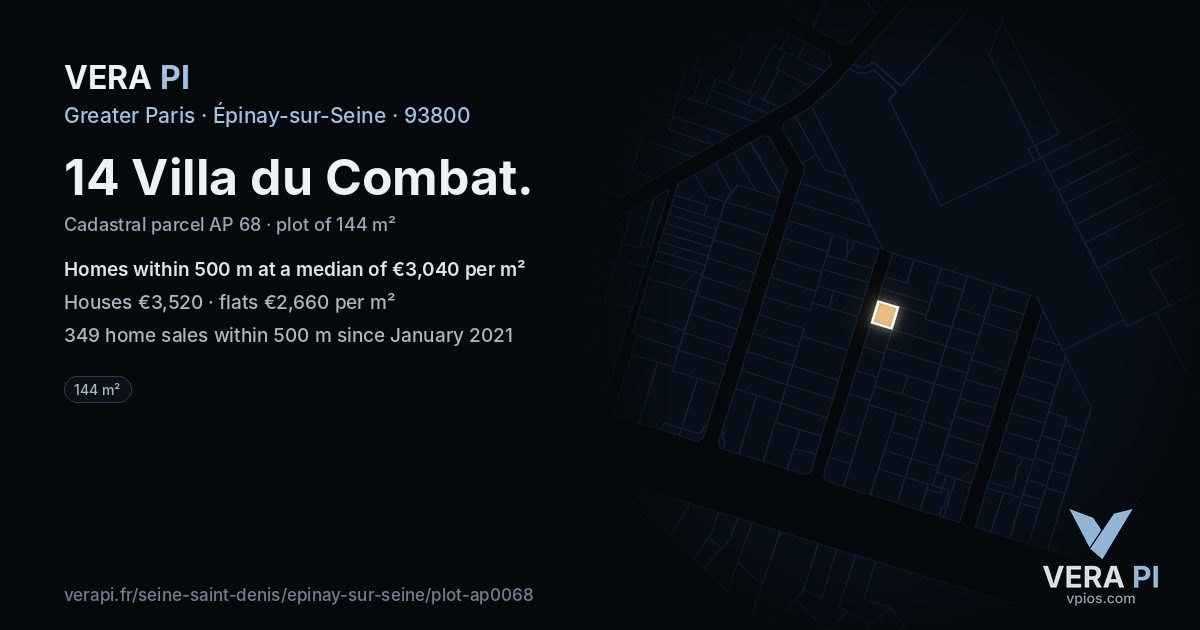 14 Villa du Combat, Épinay-sur-Seine at night – the plot lit, the parcels around coloured by the prices near them