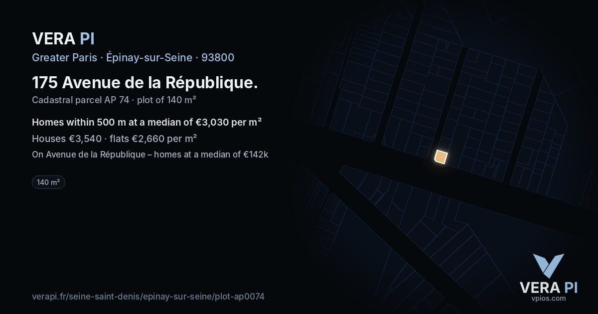 175 Avenue de la République, Épinay-sur-Seine at night – the plot lit, the parcels around coloured by the prices near them