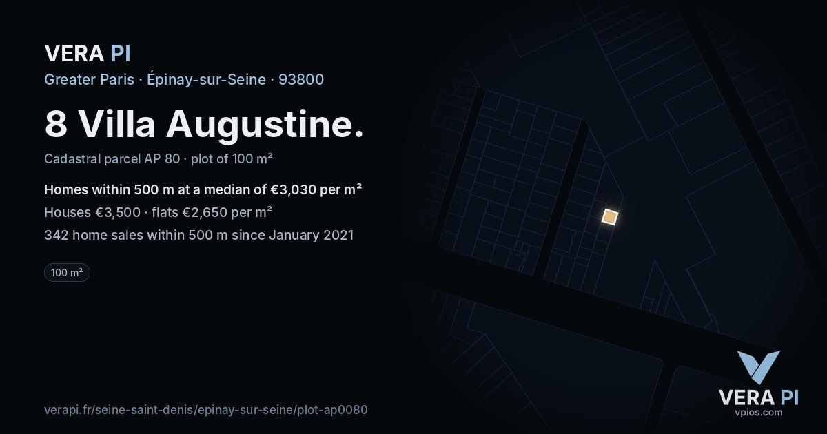 8 Villa Augustine, Épinay-sur-Seine at night – the plot lit, the parcels around coloured by the prices near them