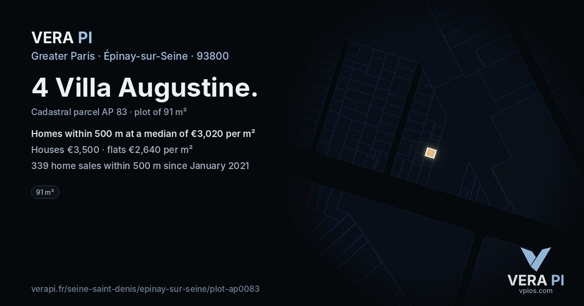 4 Villa Augustine, Épinay-sur-Seine at night – the plot lit, the parcels around coloured by the prices near them