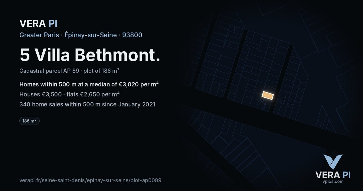 5 Villa Bethmont, Épinay-sur-Seine at night – the plot lit, the parcels around coloured by the prices near them
