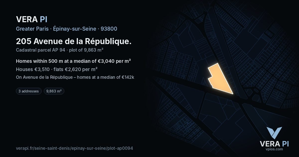 205 Avenue de la République, Épinay-sur-Seine at night – the plot lit, the parcels around coloured by the prices near them