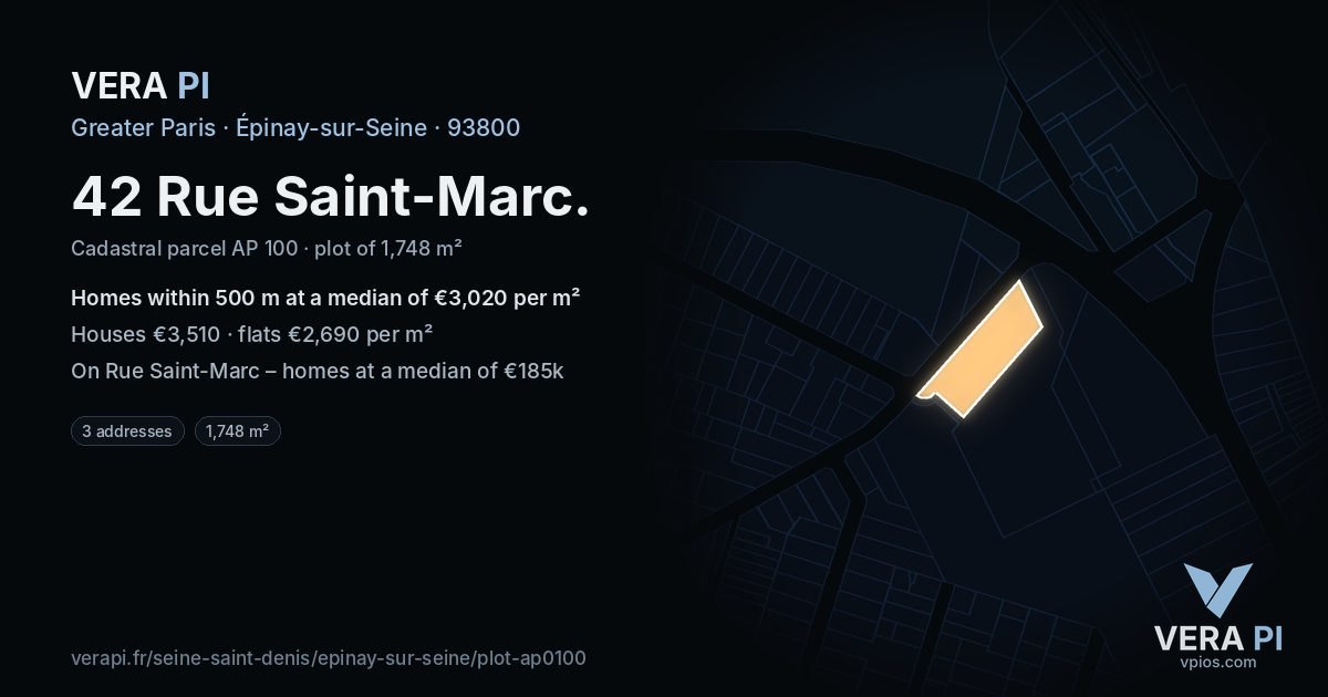 42 Rue Saint-Marc, Épinay-sur-Seine at night – the plot lit, the parcels around coloured by the prices near them