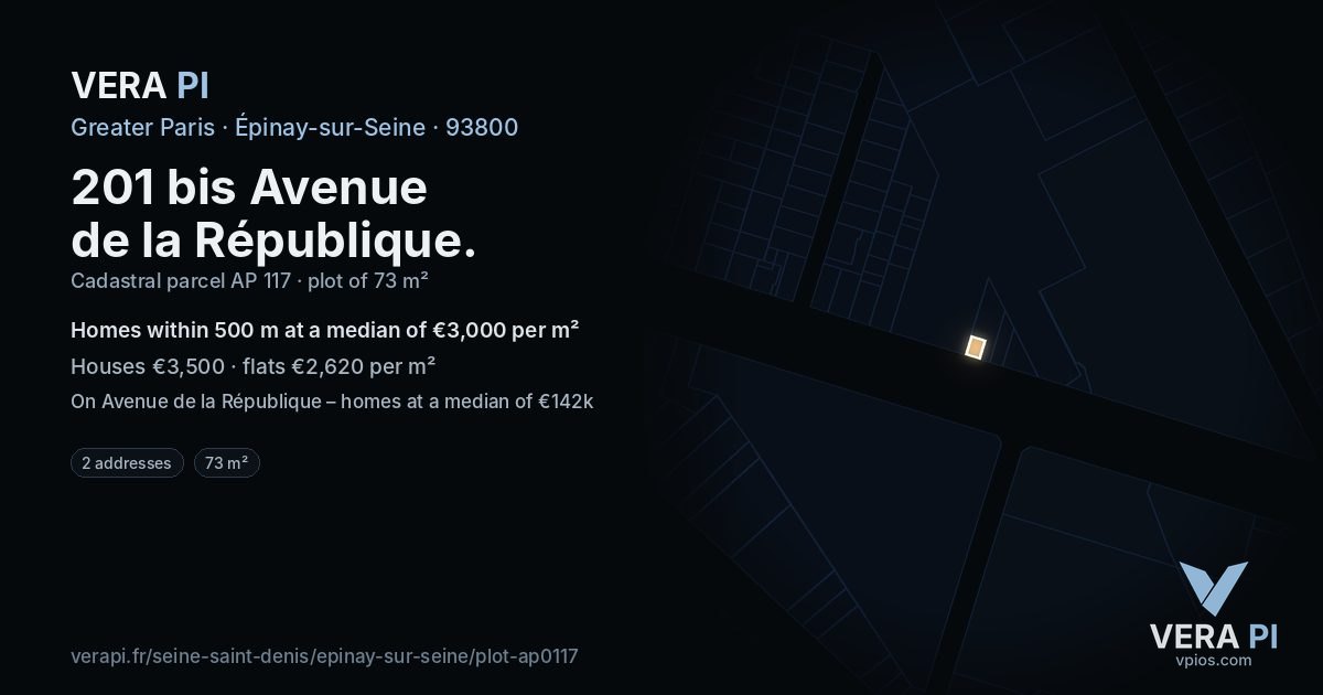 201 bis Avenue de la République, Épinay-sur-Seine at night – the plot lit, the parcels around coloured by the prices near them