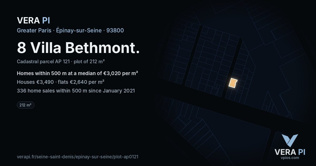 8 Villa Bethmont, Épinay-sur-Seine at night – the plot lit, the parcels around coloured by the prices near them